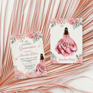 Quinceañera Blush Pink Rose Floral Butterfly Tiara Einladung