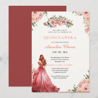 Quinceañera Blush Pink Rose Floral Butterfly Tiara Einladung