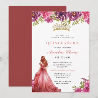 Quinceañera Blush Pink Rose Floral Butterfly Tiara Einladung