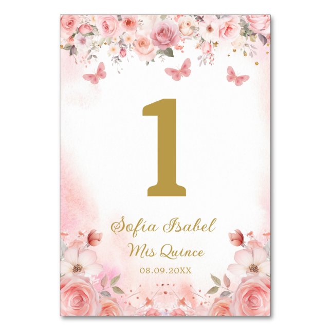 Quinceañera Blush Pink Rose Floral Butterfly Tischnummer (Vorderseite)