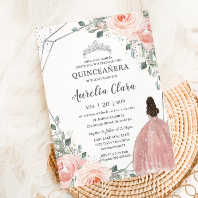 Quinceañera Blush Pink Rose Floral Mis Quince Anos Einladung (blush-floral-flowers-silver-princess-dress-quinceanera-15th-sweet-16-birthday-party-Invitation)