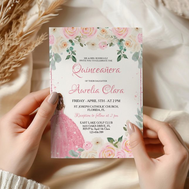 Quinceañera Blush Pink Rose Floral Tiara Einladung (Von Creator hochgeladen)