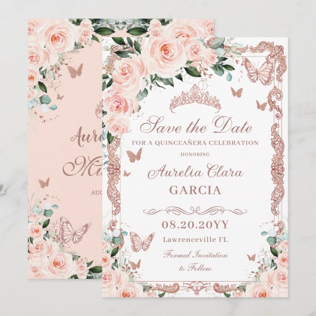 Quinceañera Blush Pink Rose Gold Butterfly Save The Date (Vorne/Hinten)