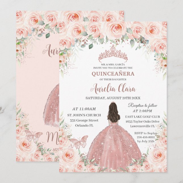 Quinceañera Blush Pink Rose Gold Prinzessin Einladung (Vorne/Hinten)