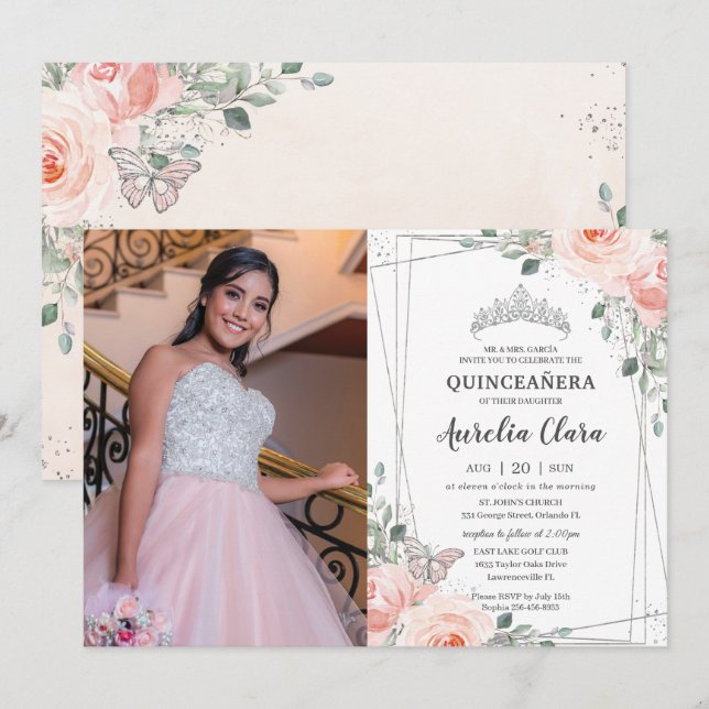 Quinceañera Blush Pink Rose Schmetterling Foto Einladung (Vorne/Hinten)