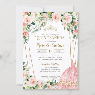 Quinceanera Blush Pink Roses und Gold Pearl Tiara Einladung