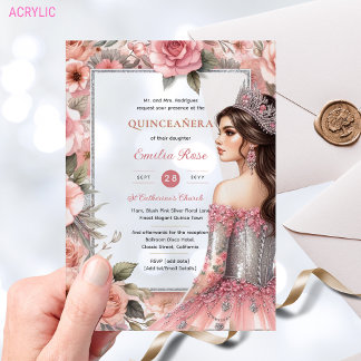 Quinceañera Blush Pink Silver Rose Dress Quince Acryleinladungen