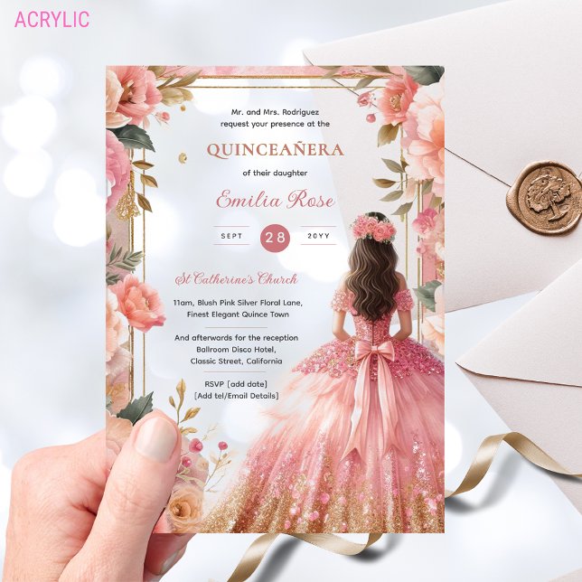 Quinceañera Blush Pink Silver Rose Dress Quince Acryleinladungen (Von Creator hochgeladen)