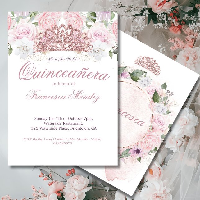 Quinceanera Blush Pink Tiara Floral Einladung (Von Creator hochgeladen)