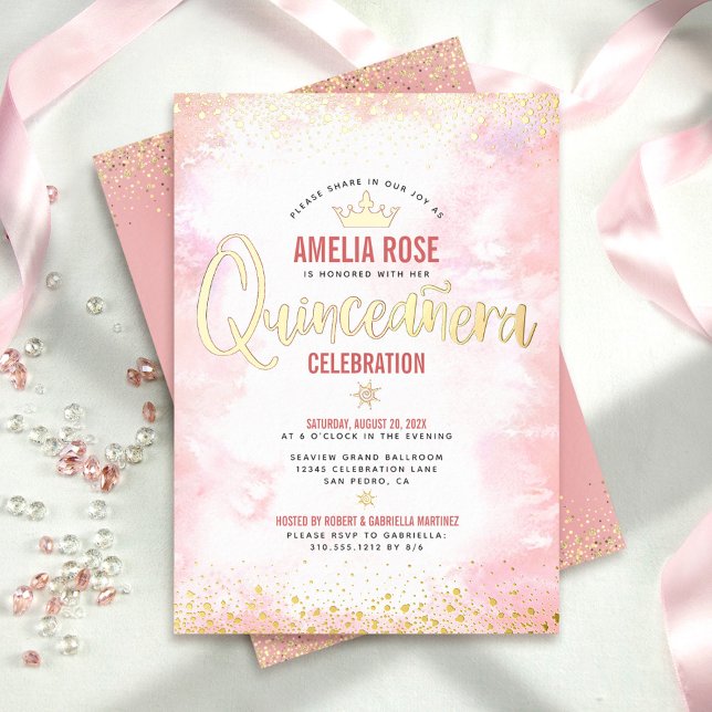 Quinceañera Blush Pink Wasserfarbe Krone Real Gold Folieneinladung (Von Creator hochgeladen)