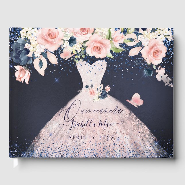 Quinceanera Blush Princess Glitzer Gown Confetti G Gästebuch (Vorderseite)