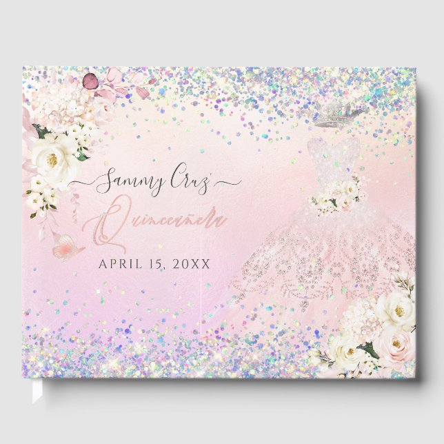 Quinceanera Blush Princess Glitzer Gown Confetti G Gästebuch (Vorderseite)