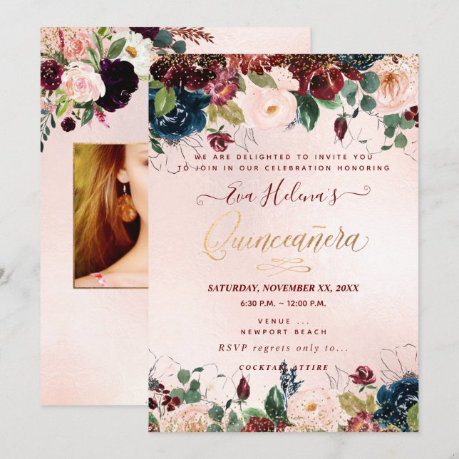 Quinceañera, Blush Wasserfarbe Blume DIY Sangria Einladung (Vorne/Hinten)