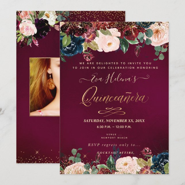 Quinceañera, Blush Wasserfarbe Blume DIY Sangria Einladung (Vorne/Hinten)