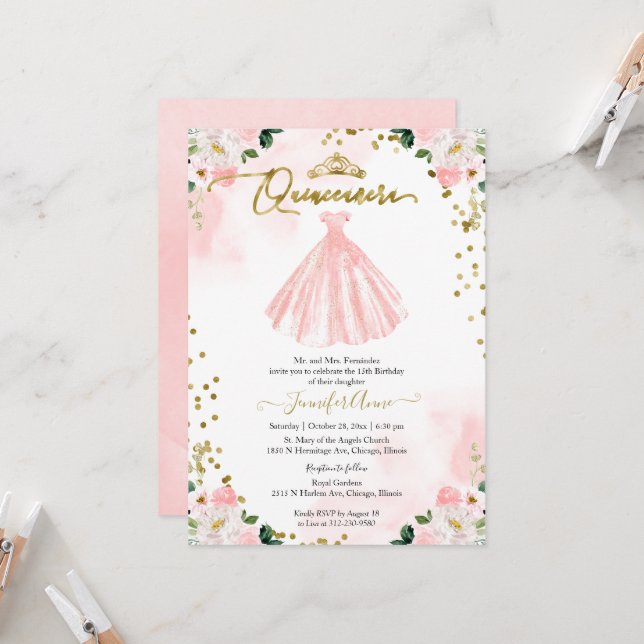 Quinceanera Blush Wasserfarbe Blume Rosa Kleid Einladung (Vorderseite/Rückseite Beispiel)
