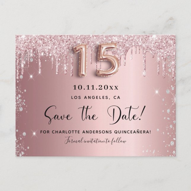 Quinceanera Blütenstaub in Rosa Silberstaub Save t Ankündigungspostkarte (Vorderseite)