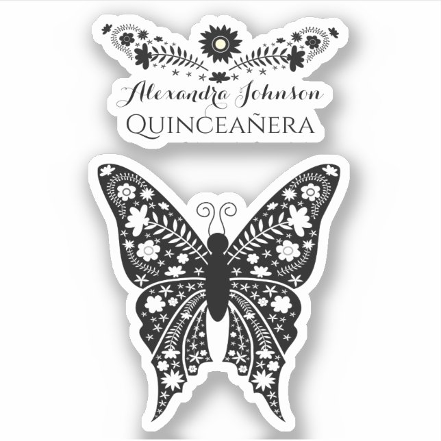 Quinceanera Boho Butterfly Schwarz und Weiß Aufkleber (Vorderseite)