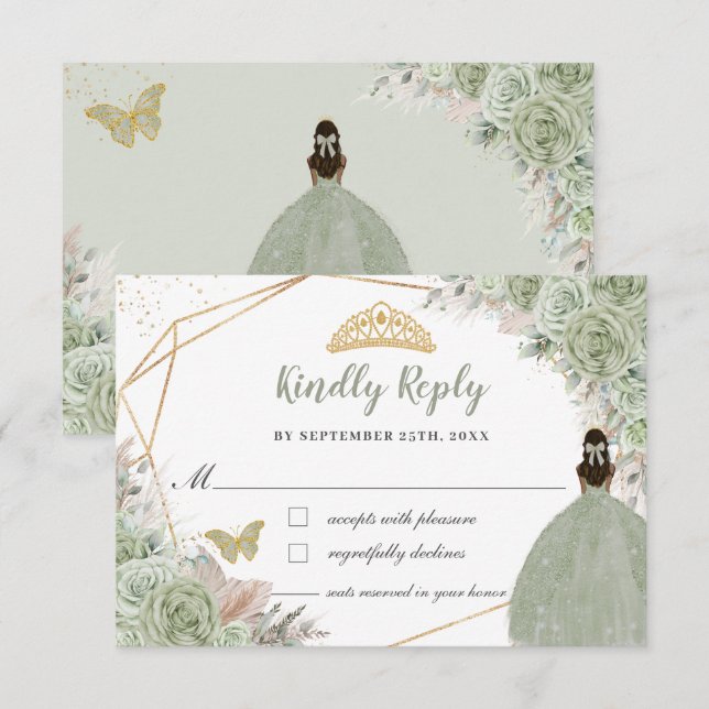 Quinceañera Boho Pampas Grass Sage Green Floral RSVP Karte (Vorne/Hinten)