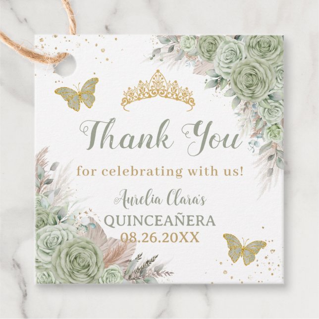 Quinceañera Boho Sage Green Floral Pampas Grass Geschenkanhänger (Vorderseite)