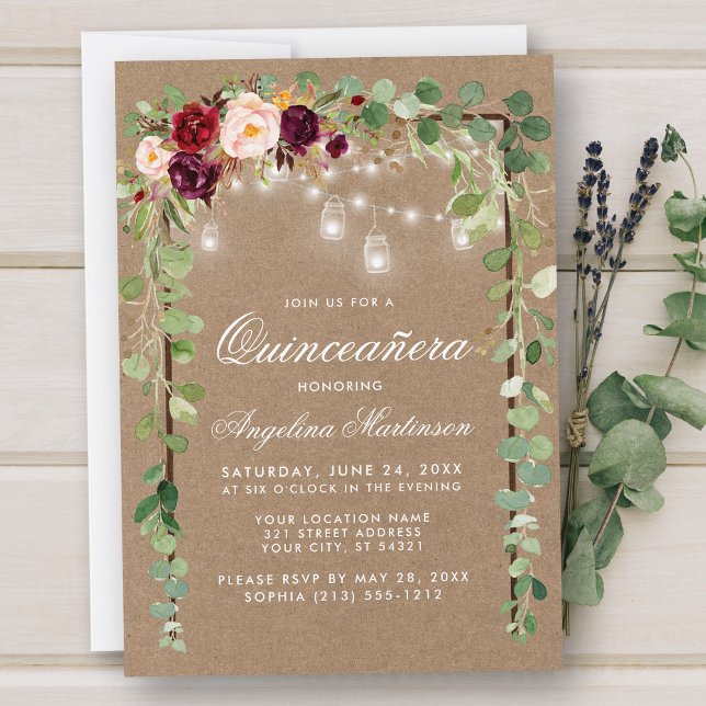 Quinceanera Botanischer Grünholz florale Kraft Einladung (Customize to add more text or photos to back of card.)