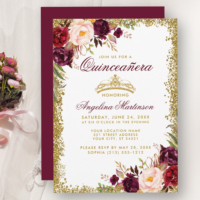 Quinceanera Bourgogne Floral Invitation B (Customize to change text color, style, add text & photos to back or change color of back of card.)