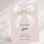 Quinceanera bow dusty blush pink ivory pearls dankeskarte<br><div class="desc">A modern and elegant Quinceañera thank you card.  A dusty blush pink background,  decorated with a large ivory colored bow with pearls.  On the front the text: Thank You,  name,  and a date. 
Back: Template for Your thank you note and name.</div>