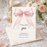 Quinceanera bow pink ivory pearls elegant dankeskarte<br><div class="desc">A modern and elegant Quinceañera thank you card.  A soft ivory,  cream colored background,  decorated with a large pink colored bow with pearls.  On the front the text: Thank You,  name,  and a date. 
Back: Template for Your thank you note and name.</div>
