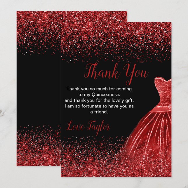 Quinceanera Bright Red Dress Faux Glitter Dankeskarte (Vorne/Hinten)