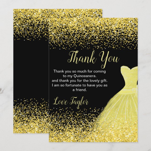 Quinceanera Bright Yellow Dress Faux Glitter Dankeskarte (Vorne/Hinten)