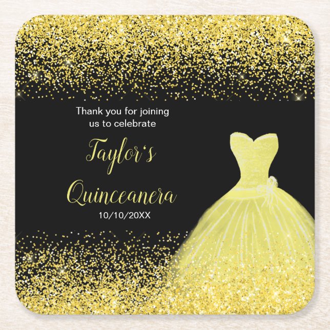 Quinceanera Bright Yellow Imitats Glitzer Rechteckiger Pappuntersetzer (Vorderseite)