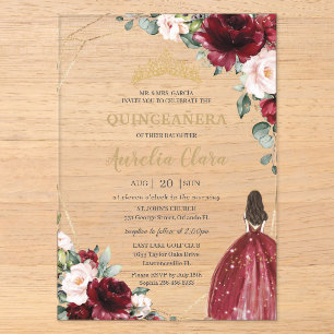 Quinceanera Burgund Blush Floral Gold Prinzessin Acryleinladungen