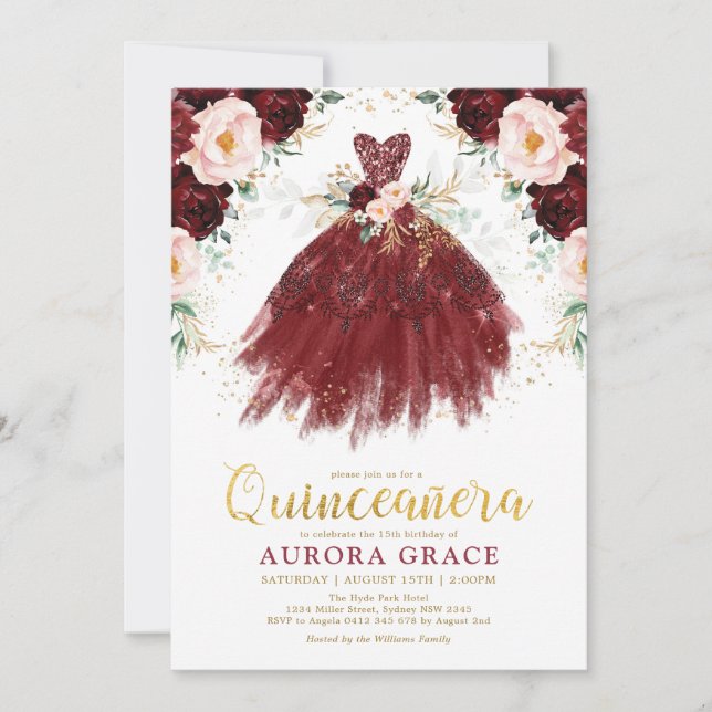 Quinceañera Burgund Rose Blume Prinzessin Birthday Einladung (Vorderseite)