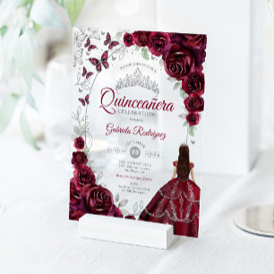 Quinceanera Burgund Silber Blumen Acryleinladungen