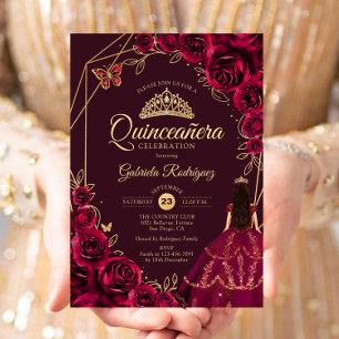 Quinceanera Burgund Weinrot Gold Kleid Floral Einladung