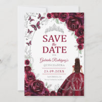 Quinceanera Burgund Weinrot Silber Blumen
