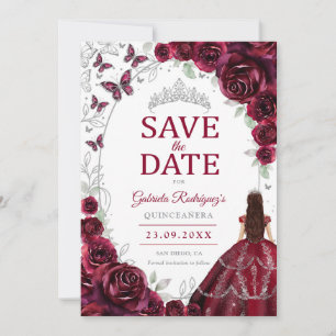 Quinceanera Burgund Weinrot Silber Blumen Save The Date