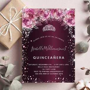 Quinceanera burgunderrosa glitzende Blumen-Tiara Einladung