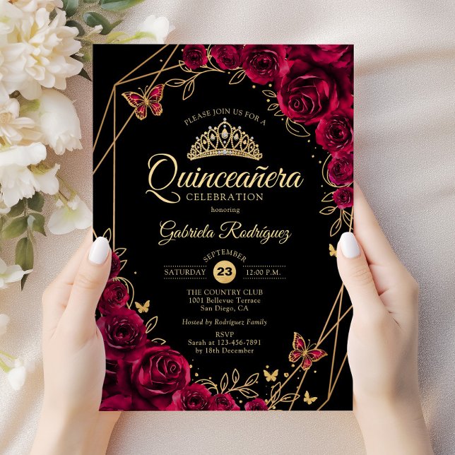Quinceanera Burgundy Black Gold Floral Einladung (Von Creator hochgeladen)