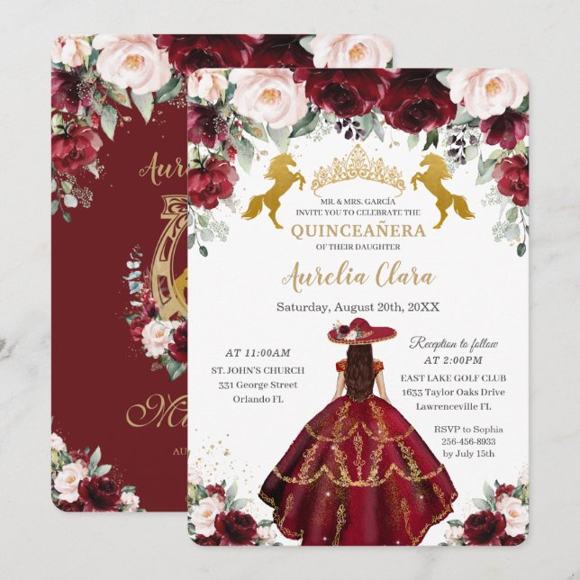 Quinceañera Burgundy Blush Bloral Charro Pferde Einladung (Vorne/Hinten)
