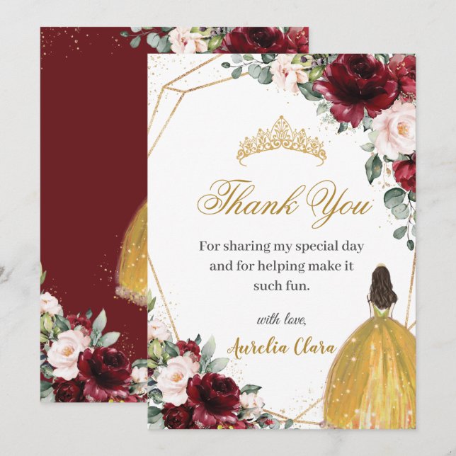 Quinceañera Burgundy Blush Bloral Gelbe Prinzessin Dankeskarte (Vorne/Hinten)