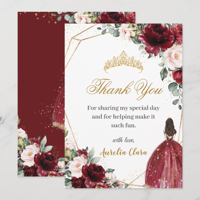 Quinceañera Burgundy Blush Bloral Gold Prinzessin  Dankeskarte (Vorne/Hinten)