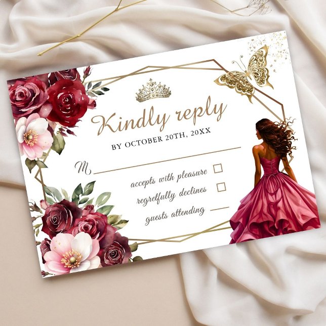 Quinceañera Burgundy Blush Bloral Princess UAwg RSVP Karte (Von Creator hochgeladen)