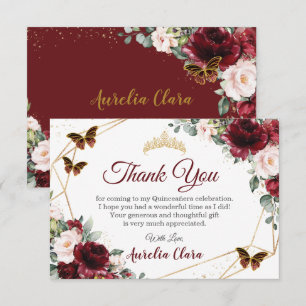 Quinceañera Burgundy Blush Floral Butterfliegen Dankeskarte