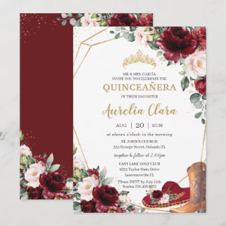 Quinceañera Burgundy Blush Floral Charro Hat Boot Einladung
