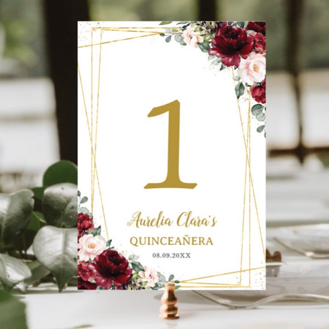 Quinceañera Burgundy Blush Floral Gold Schmetterli Tischnummer (Von Creator hochgeladen)