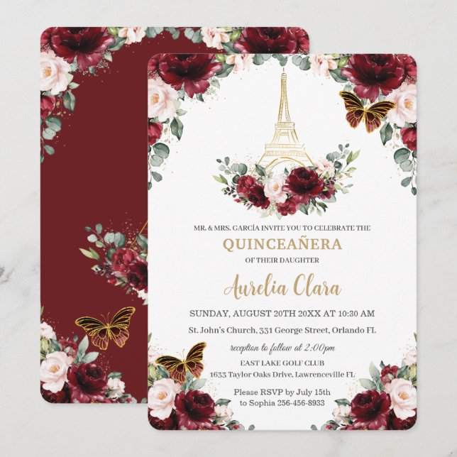 Quinceañera Burgundy Blush Floral Paris Butterfly Einladung (Vorne/Hinten)