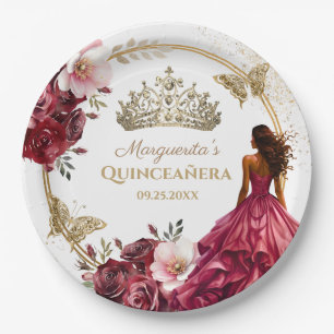 Quinceañera Burgundy Blush Gold Floral Princess Pappteller