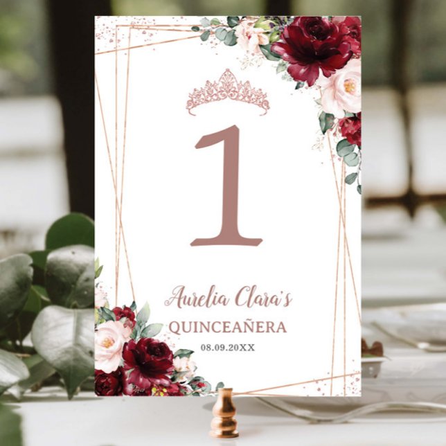 Quinceañera Burgundy Blush Rose Gold Tischnummer (Von Creator hochgeladen)