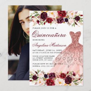 Quinceanera Burgundy Floral Glitzer Dress Foto Einladung