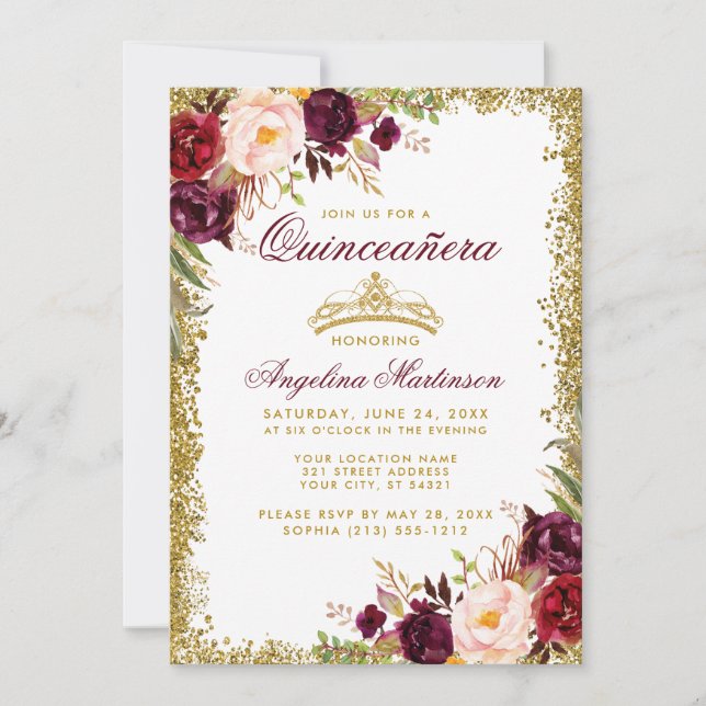 Quinceanera Burgundy Floral Gold Crown Einladung (Vorderseite)